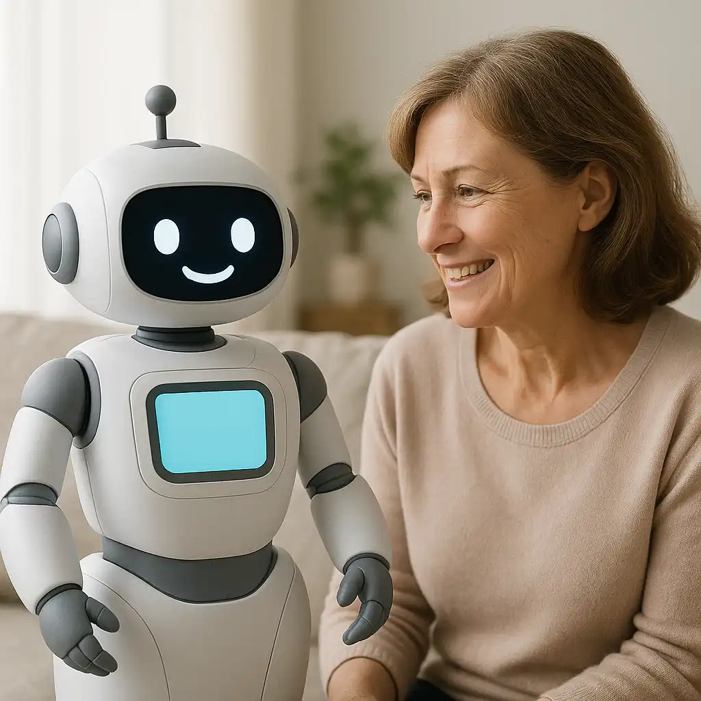 Adult engaging in meaningful conversation with an AI companion robot in a comfortable home setting