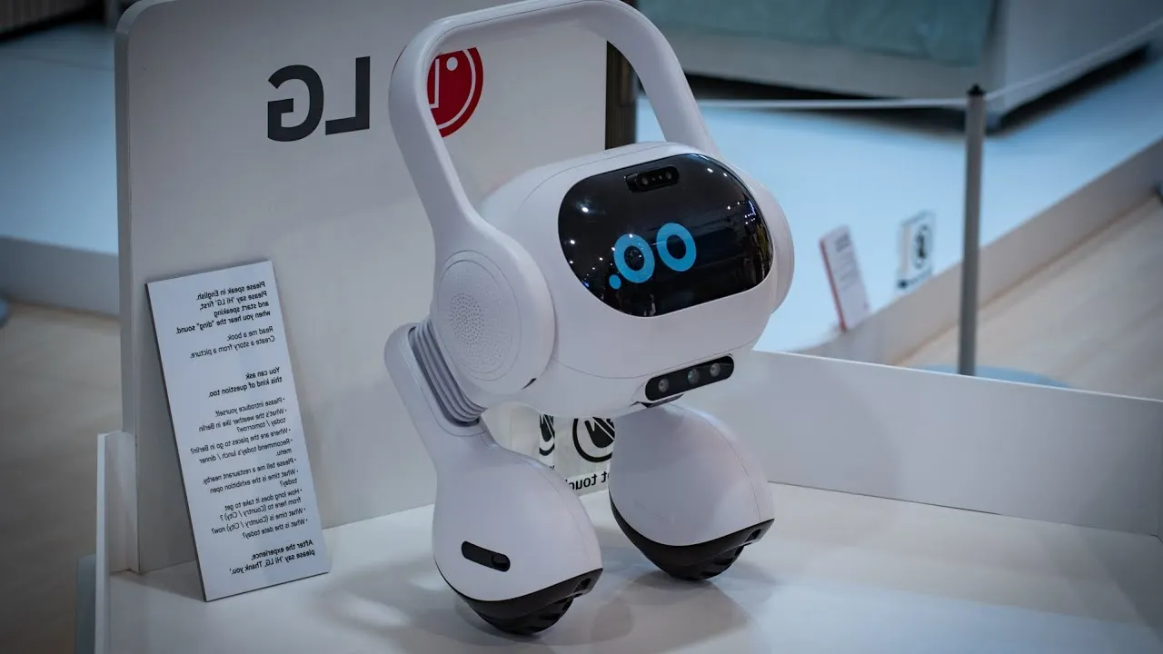 LG autonomous AI home hub device, a smart home controller with self-navigation capabilities, shown in a modern interior setting