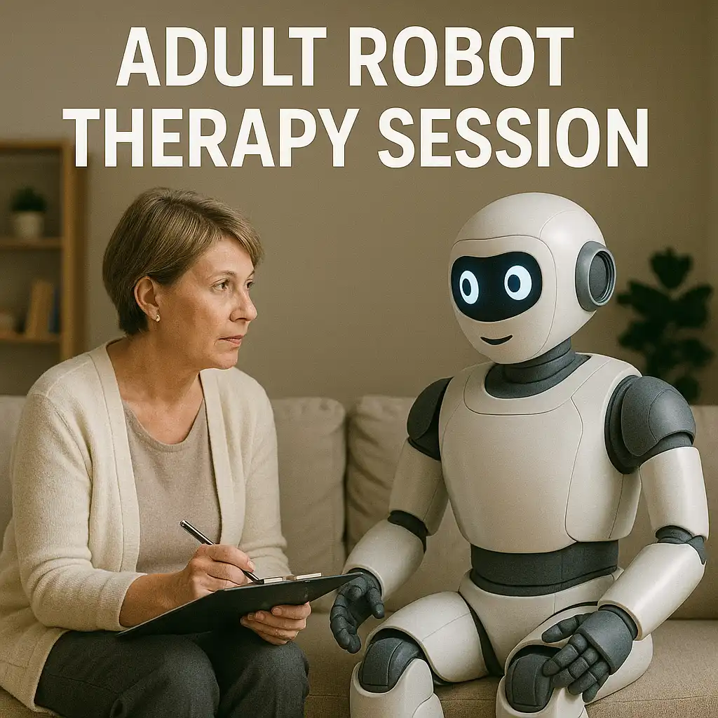 Adult using robot companion for therapeutic conversation and emotional support