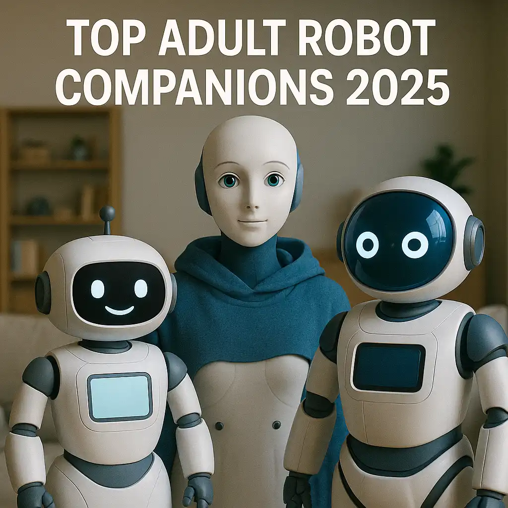 Collection of the top robot companions for adults in 2025, showing MARCo, Aria, ElliQ, and Lovot