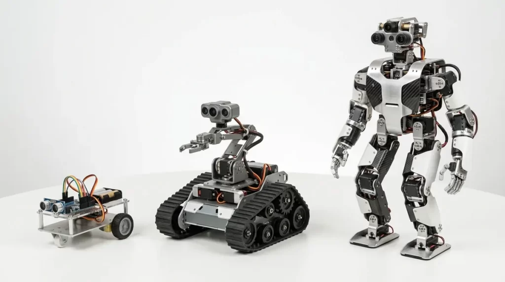 Three small robots of increasing size lined up on a white surface