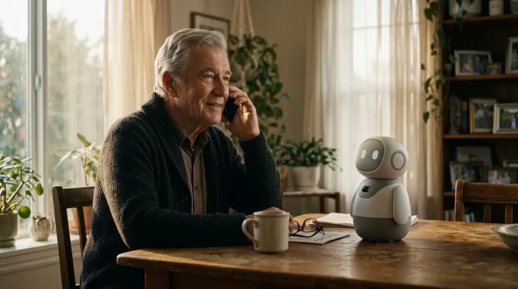 Older man by a window calling a relative on his phone with a small companion robot on the table