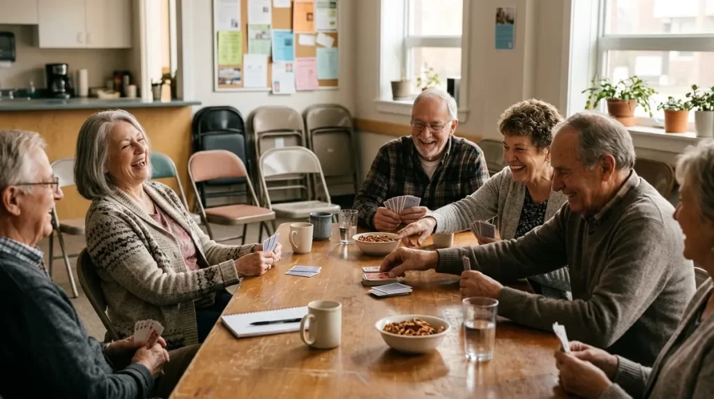 Older adults laughing together during a card game at a community center