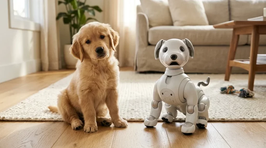 Golden retriever puppy sitting next to a white robotic dog on a living room floor