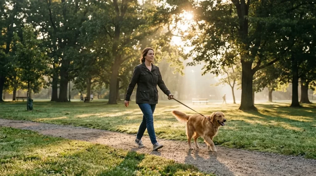 Person walking a dog in a park in the morning