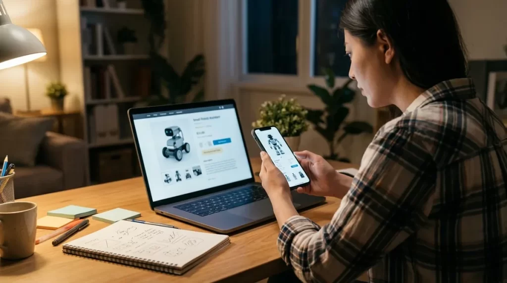 Person comparing robot product pages on a laptop and phone