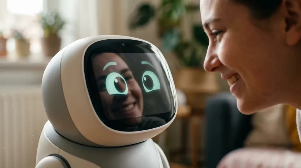 Close-up of a social robot face with expressive digital eyes looking at a smiling person