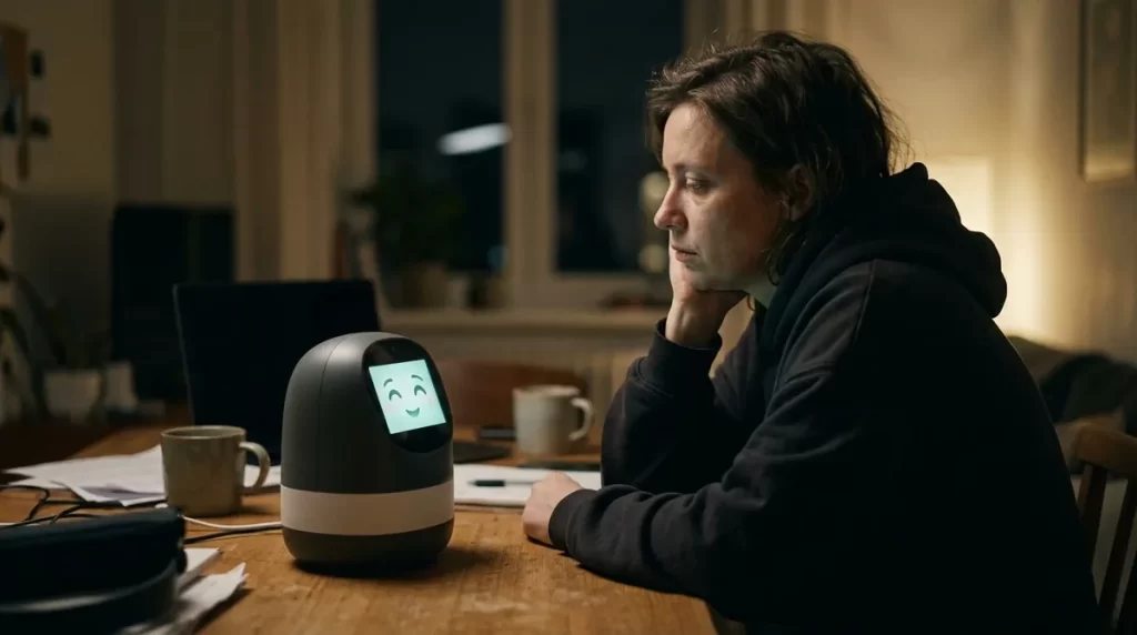 Tired person facing a social robot displaying a cheerful face