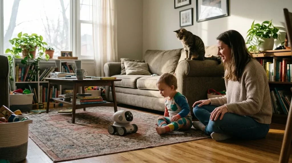 Family living room with a wheeled pet robot, a toddler and a cat