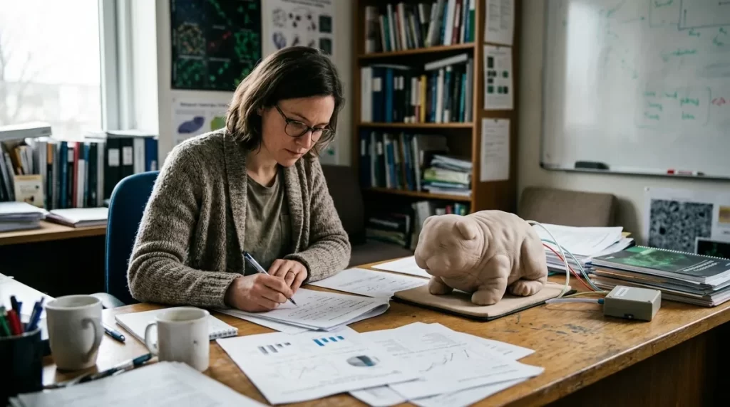 Researcher reviewing printed charts beside a soft robot pet