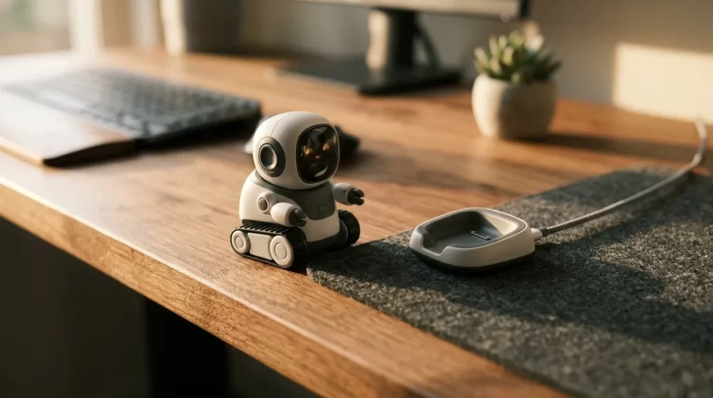 Tiny desktop robot on a clear desk with its charging station