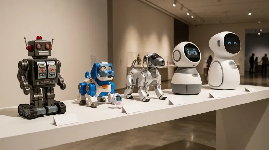 Companion robots from different decades displayed in a row on a museum shelf