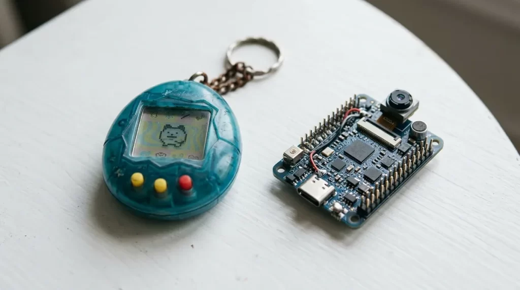 An old electronic pet toy beside a modern robot circuit board