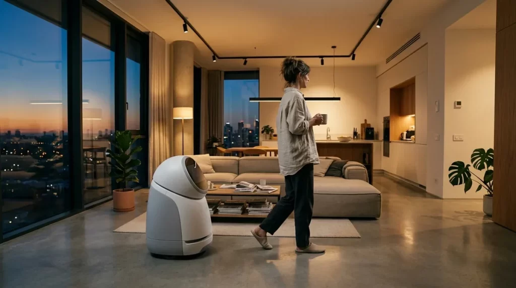 Rounded companion robot following an adult through a bright modern apartment at dusk