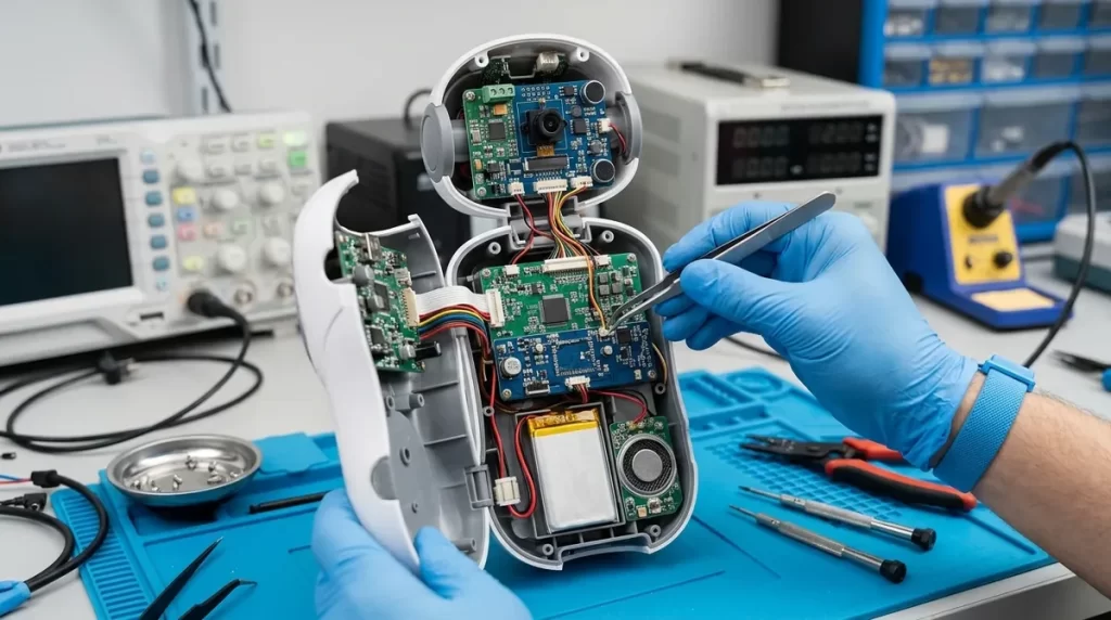Opened companion robot on a lab bench showing circuit boards, camera, microphones and battery