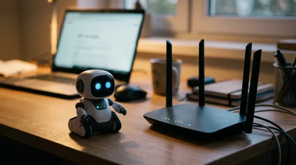 Companion robot on a desk next to a Wi-Fi router and laptop
