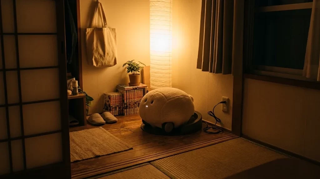 Plush wheeled robot resting on its charging nest at night