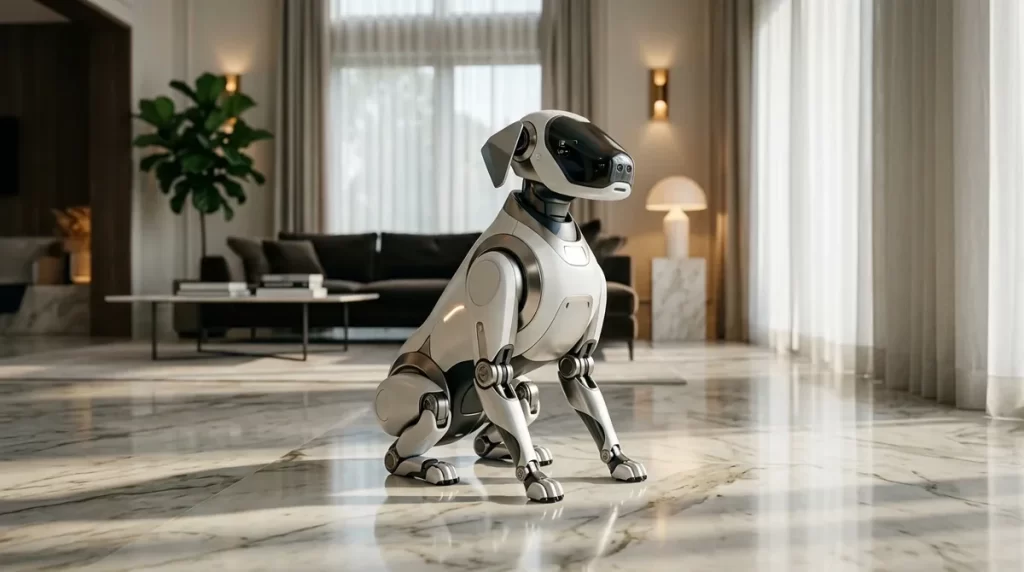 Sleek white robotic dog sitting on a marble floor in a modern living room