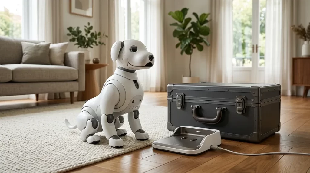White robotic dog beside a carrying case and charging station