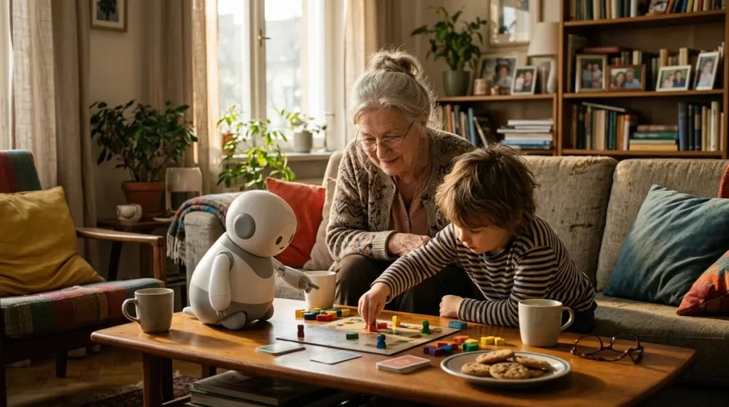 Grandmother and child playing a table game with a small companion robot