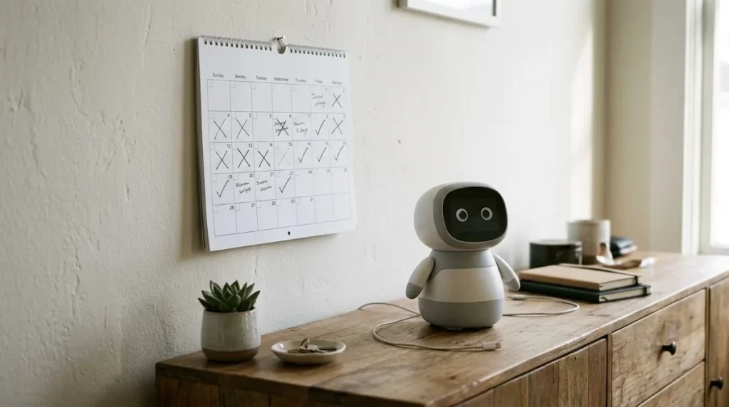 Wall calendar with tick marks next to a small companion robot