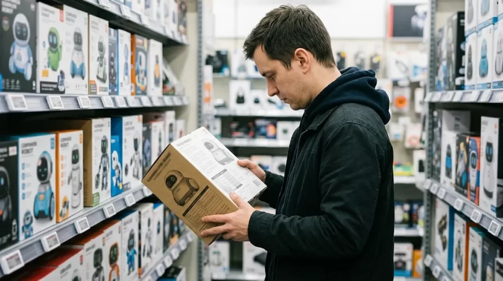 Shopper in an electronics store reading the box of a companion robot