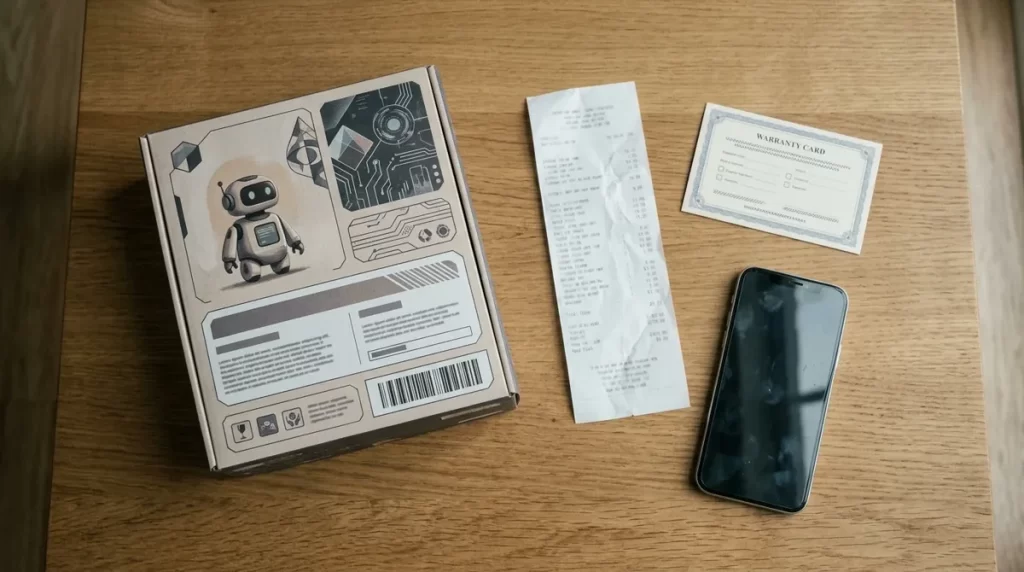 Robot box, receipt, warranty card and phone on a table
