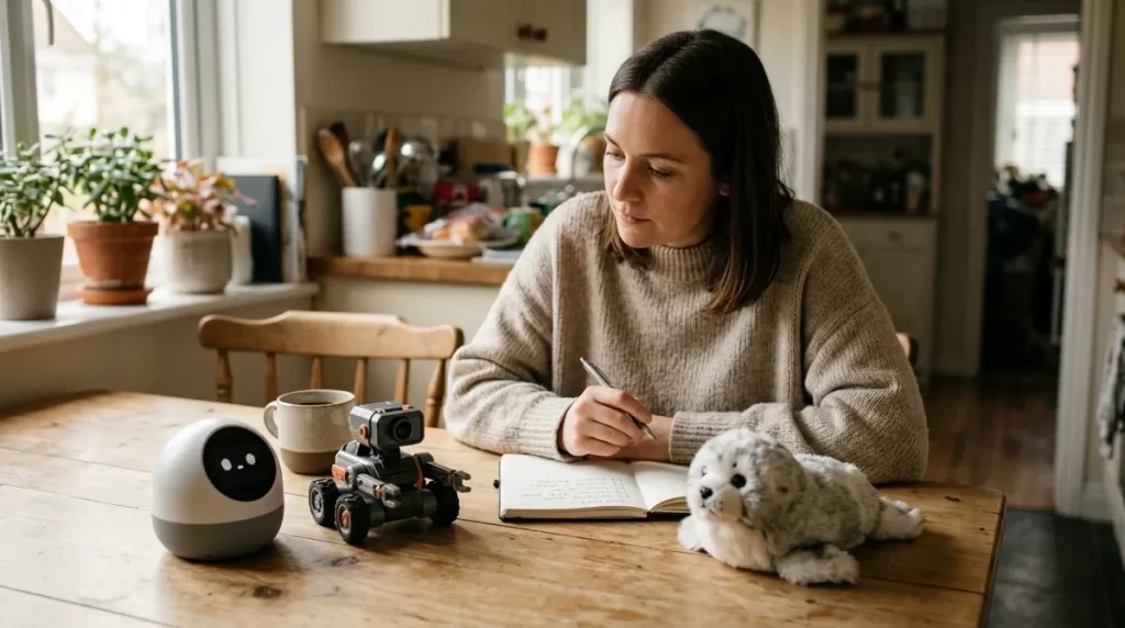 Person at a kitchen table comparing three different types of companion robot with a notebook