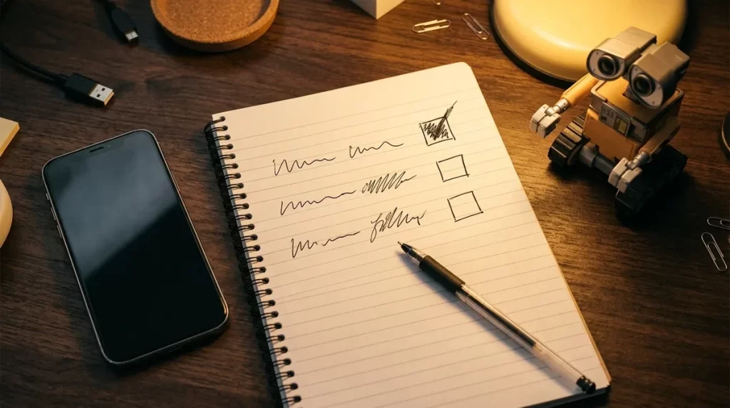 Shortlist notes next to a small desk robot and a phone