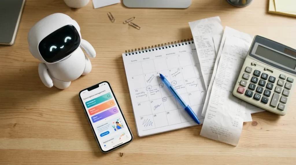 Small companion robot on a desk next to a calculator, receipts, a calendar and a phone