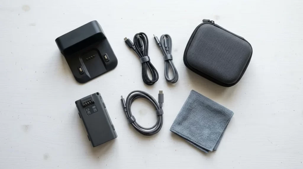Robot accessories including a charging dock, battery, cables and a carrying case