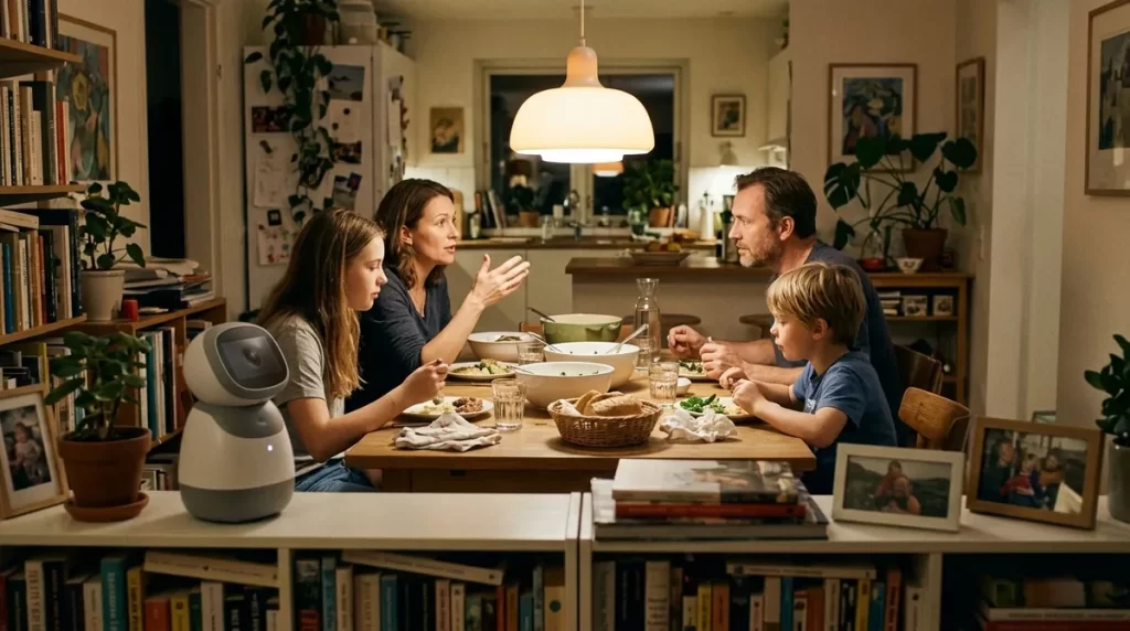 Family talking at a dinner table while a social robot sits on a nearby shelf