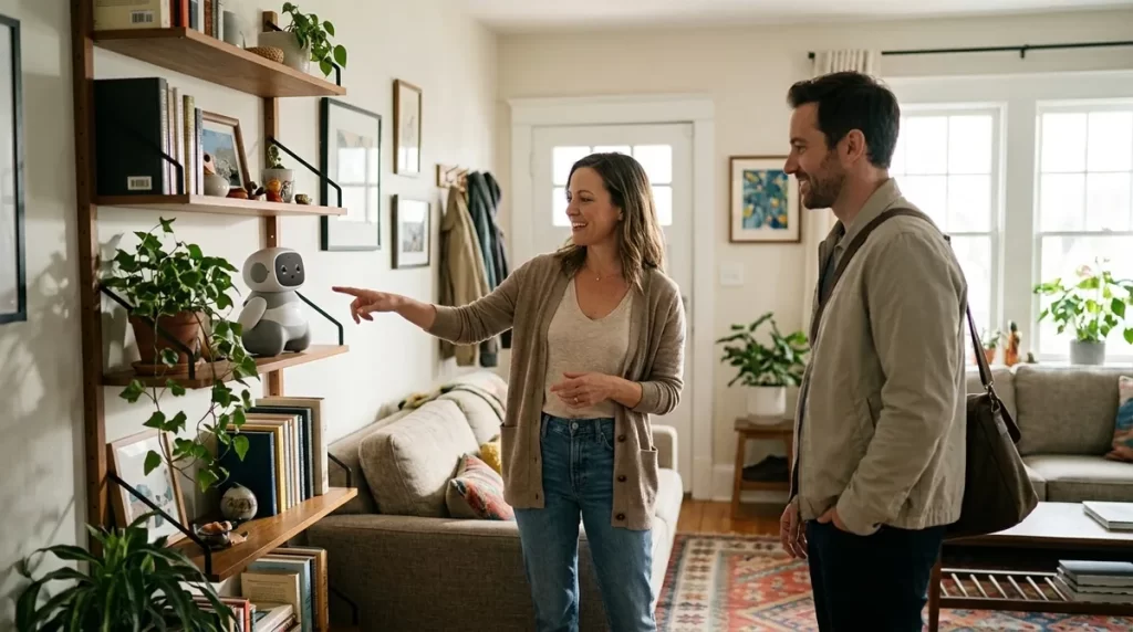 Host explaining a companion robot on a shelf to a visitor