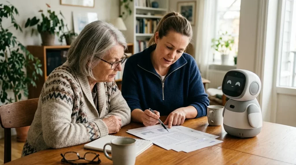 Caregiver and family member reading a research paper next to a social robot