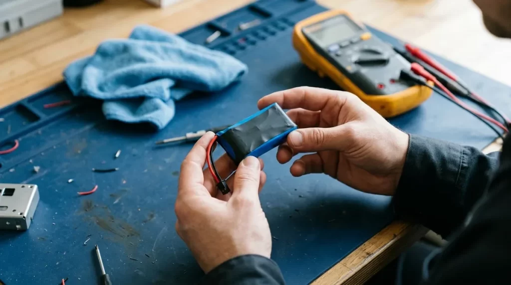 Hands holding a robot battery pack on a workbench