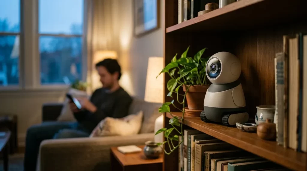Companion robot with a camera on a home bookshelf while a person checks settings on a phone