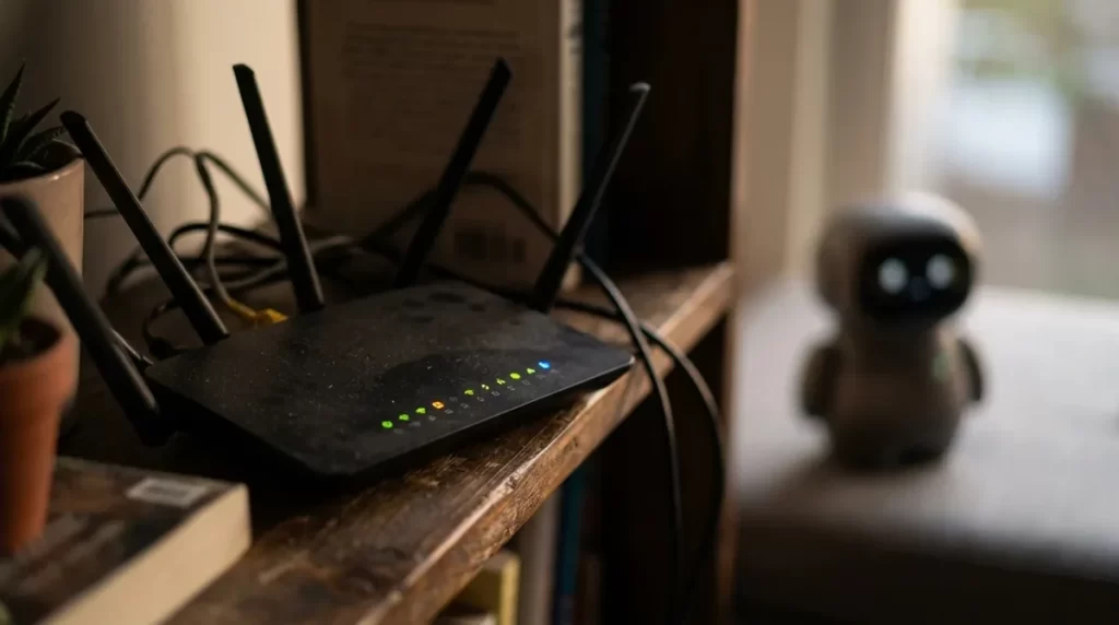 Home Wi-Fi router on a shelf with a companion robot in the background