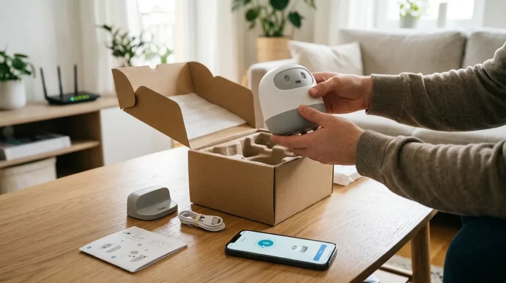 Hands unboxing a companion robot with its charging dock and a phone for app setup