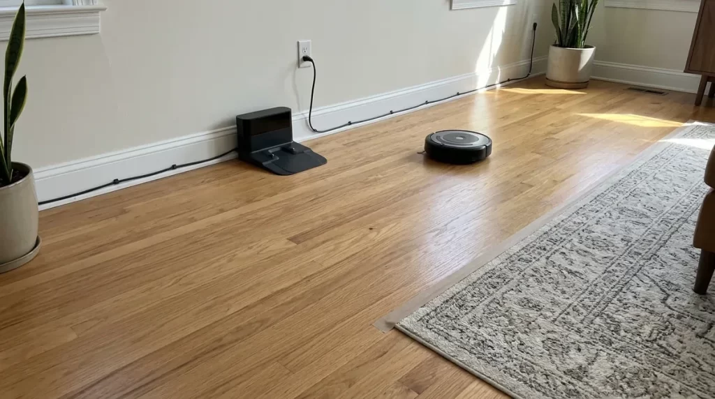 Clear floor area around a robot charging dock with tidy cables