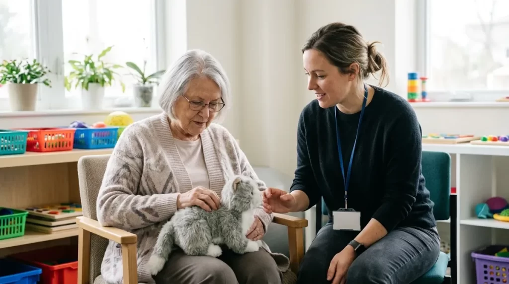 Occupational therapist guiding an older adult who is stroking a robotic cat