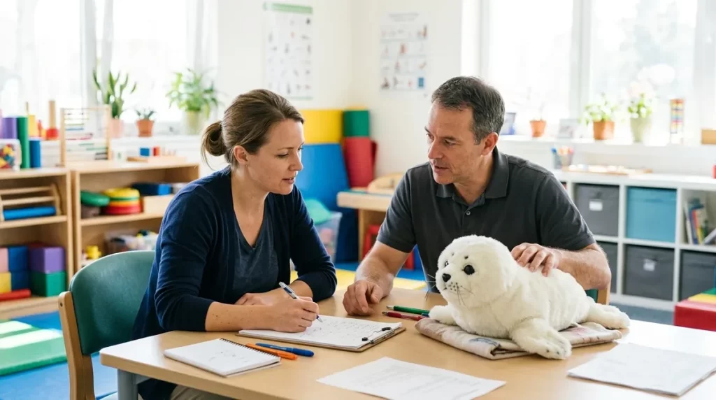 Therapy staff planning a session with a robotic seal on the table