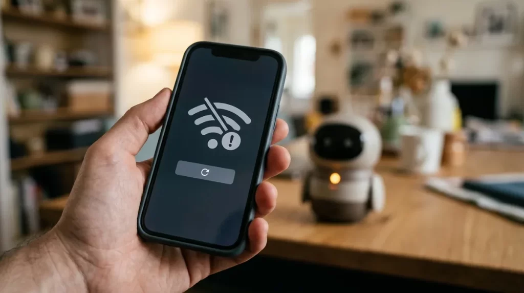 Phone showing a connection error with a robot blinking amber behind it