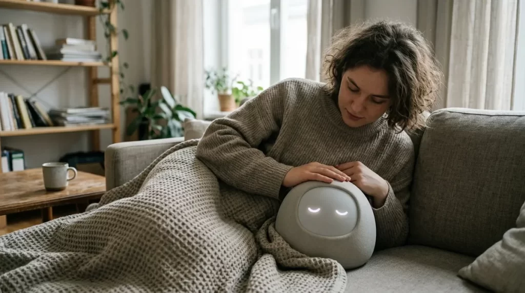 Young adult on a sofa under a blanket resting a hand on a small round companion robot