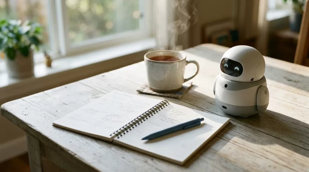 Weekly planner, tea and a small round robot on a table