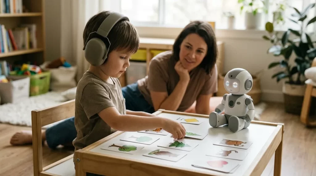 Child with headphones arranging picture cards beside a small humanoid robot