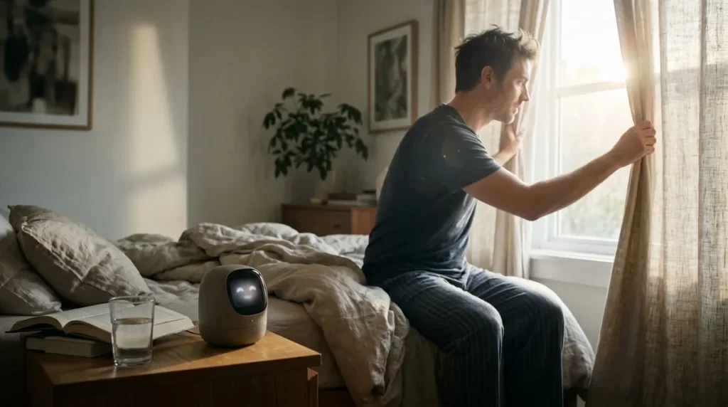 Man opening bedroom curtains in the morning with a small robot on the nightstand