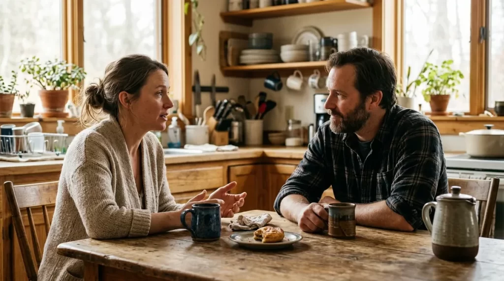 Two adults having a supportive conversation over coffee