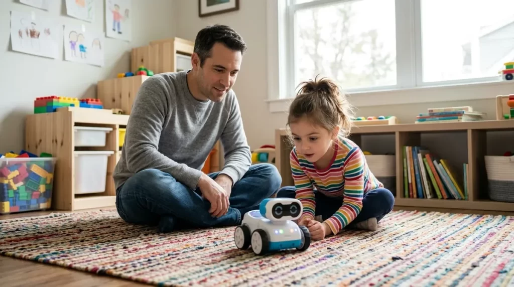 Parent and child on a playroom rug watching a small educational robot