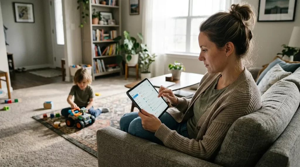 Parent checking settings on a tablet while a child plays with a robot