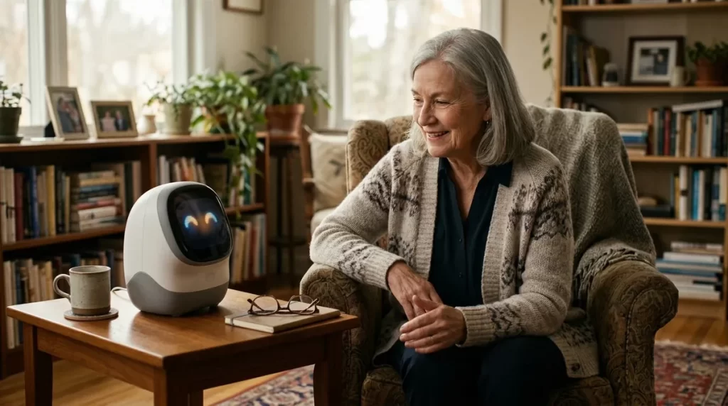 Older woman in an armchair smiling at a small tabletop companion robot